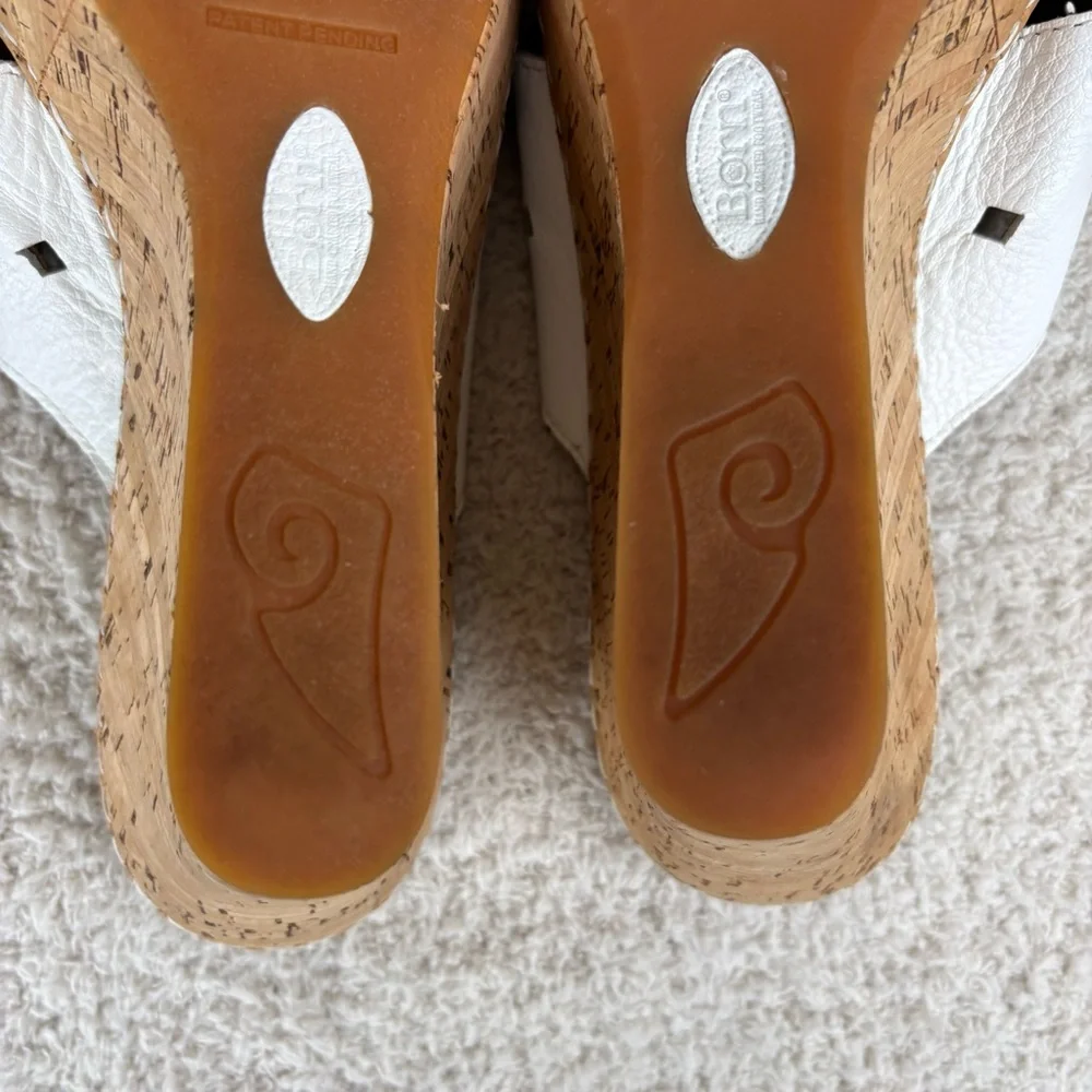 Born Sandals Womens 10 White Cork Canova Wedge Slip On‎ Peep Toe Leather Comfort